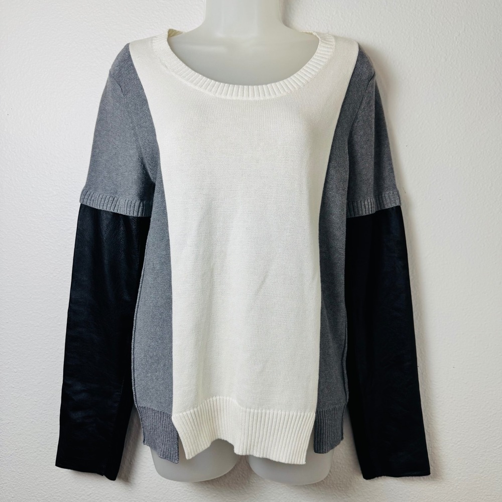 Aiko Women Cotton Cashmere Colorblock Sweater Leather Sleeves Grey White L